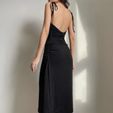 STRAPPED RUCHED BACKLESS ELEGANT DRESS